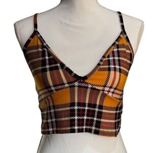 Urban Rose Plaid Crop Top Spaghetti Strap V Neck Yellow Red Black Women's L